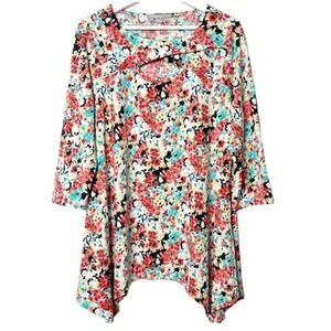 Valerie Stevens Colorful Floral Shark Bite Blouse‎ Top Size Large